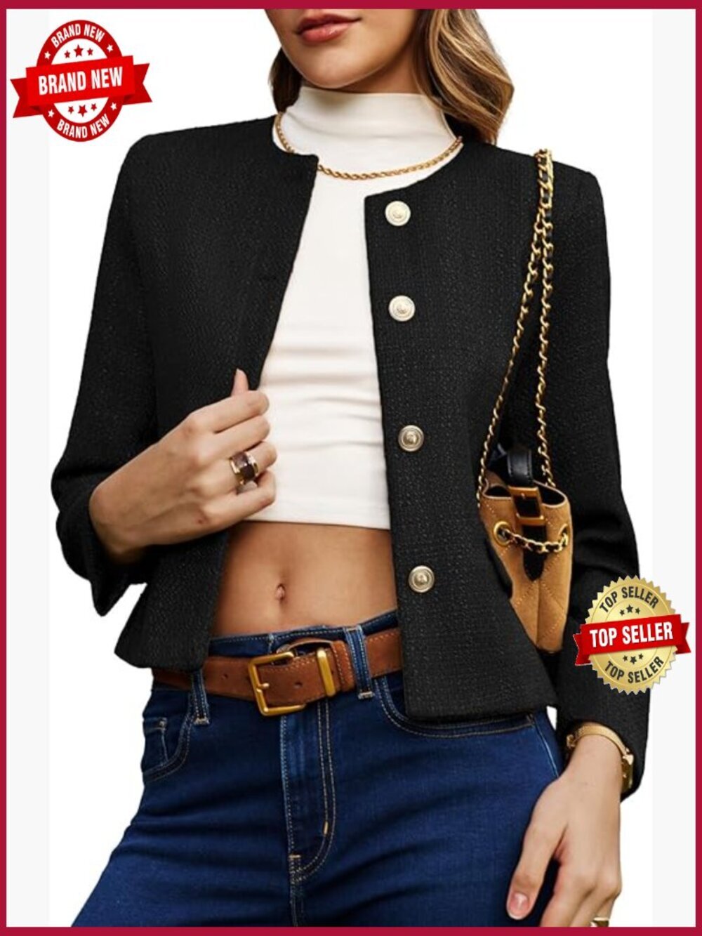 Cropped Tweed Blazer Collarless Button Down Jacket Business Casual with Flap